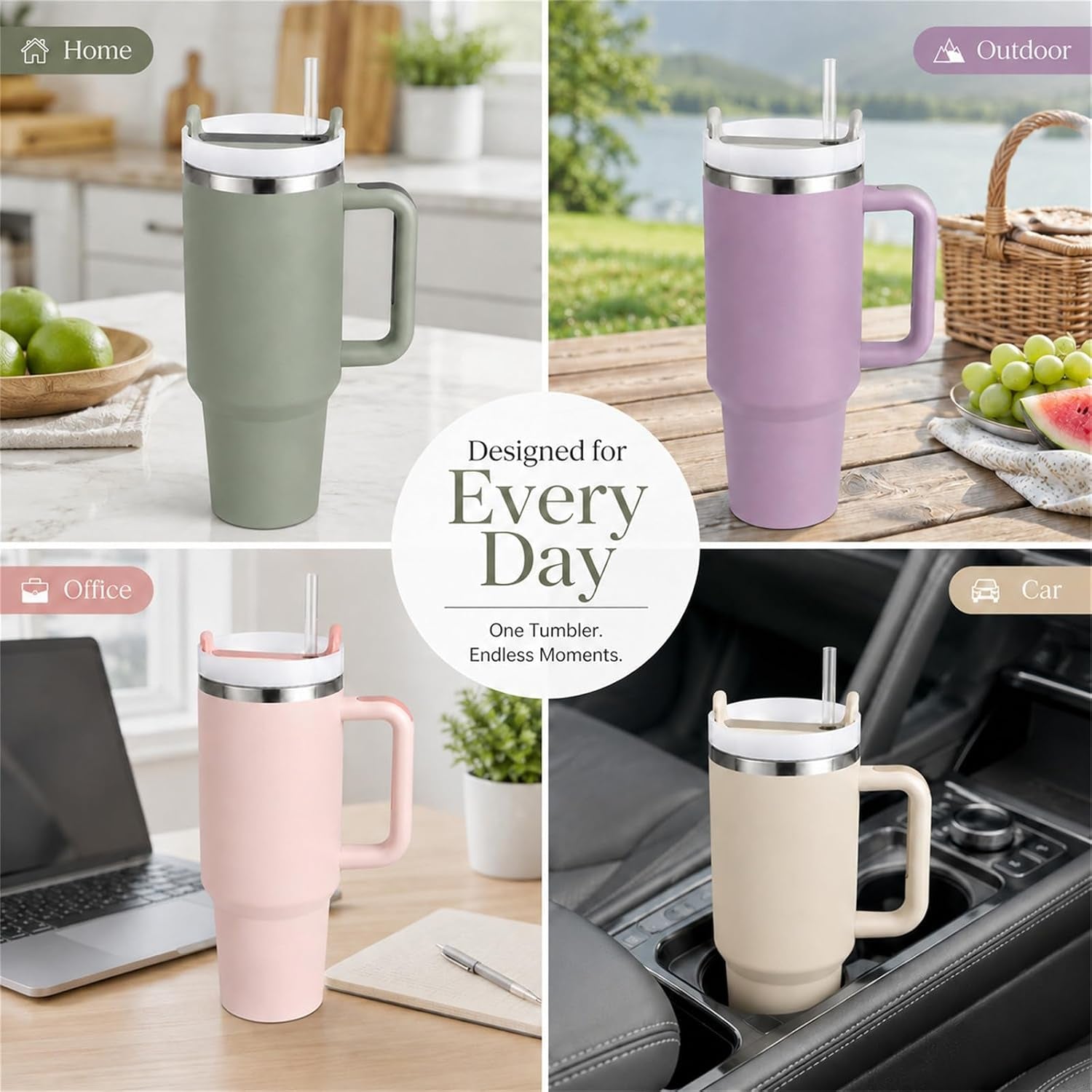 40 Oz Tumbler with Handle, Tumbler with Lid and Straw(Rose Quartz) | Stainless Steel Vacuum Insulated Travel Mug, Sturdy Screw-On Lid, Cup Holder Friendly, Large Capacity Cup for Iced Coffee