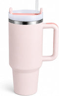 40 Oz Tumbler with Handle, Tumbler with Lid and Straw(Rose Quartz) | Stainless Steel Vacuum Insulated Travel Mug, Sturdy Screw-On Lid, Cup Holder Friendly, Large Capacity Cup for Iced Coffee