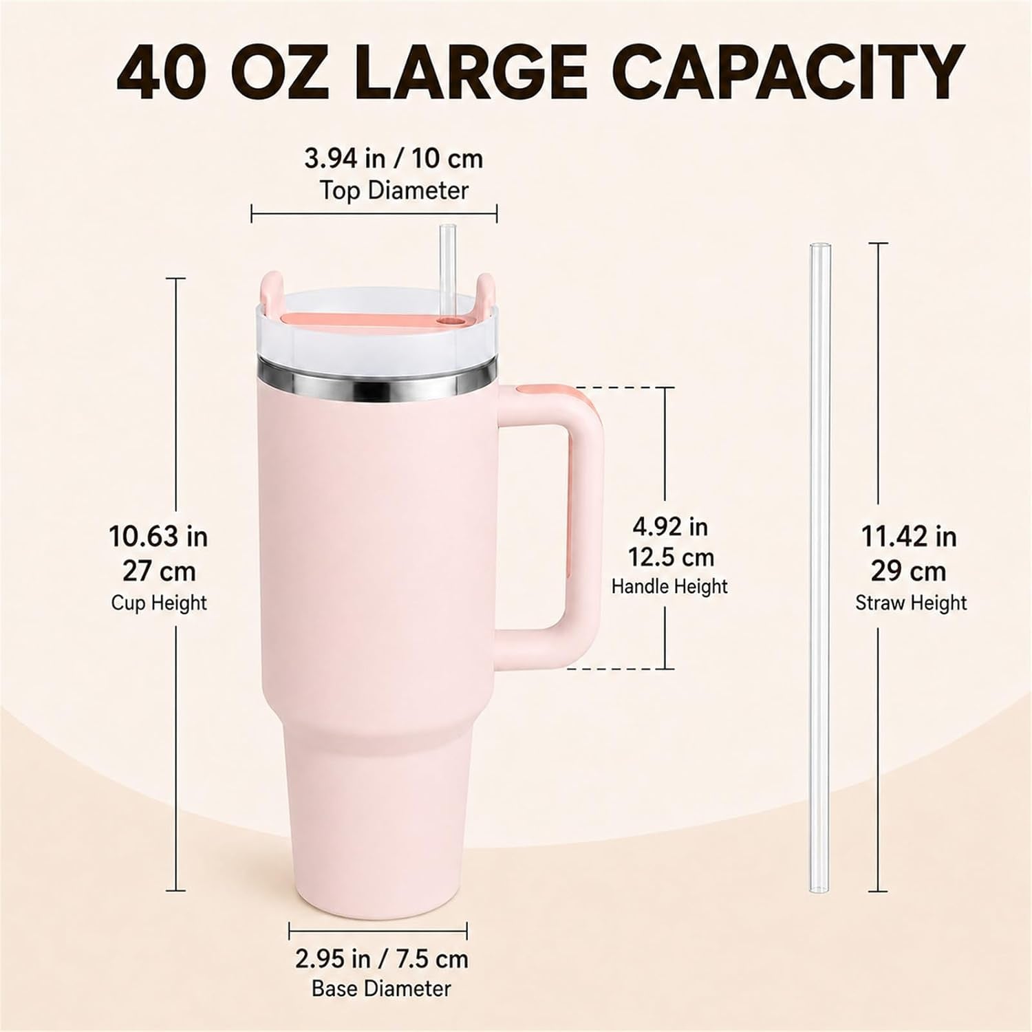 40 Oz Tumbler with Handle, Tumbler with Lid and Straw(Rose Quartz) | Stainless Steel Vacuum Insulated Travel Mug, Sturdy Screw-On Lid, Cup Holder Friendly, Large Capacity Cup for Iced Coffee