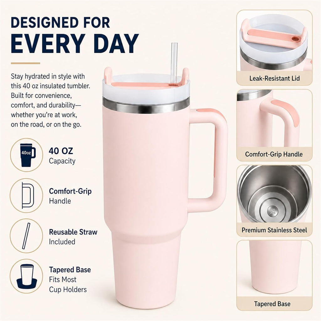 40 Oz Tumbler with Handle, Tumbler with Lid and Straw(Rose Quartz) | Stainless Steel Vacuum Insulated Travel Mug, Sturdy Screw-On Lid, Cup Holder Friendly, Large Capacity Cup for Iced Coffee