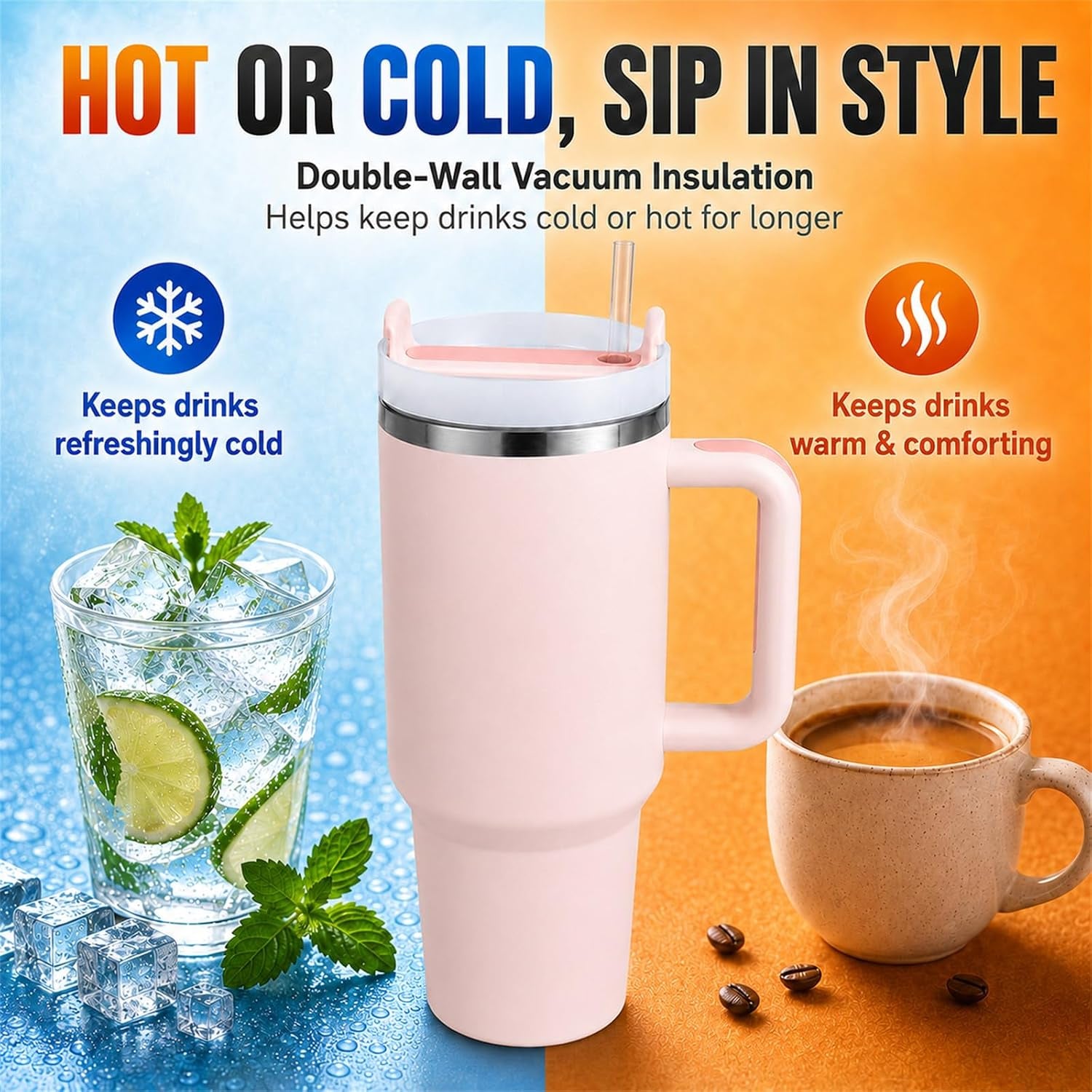 40 Oz Tumbler with Handle, Tumbler with Lid and Straw(Rose Quartz) | Stainless Steel Vacuum Insulated Travel Mug, Sturdy Screw-On Lid, Cup Holder Friendly, Large Capacity Cup for Iced Coffee