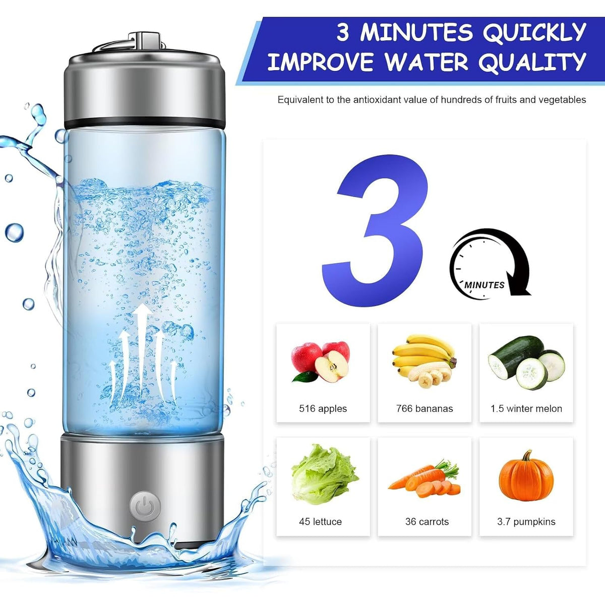 Rechargeable Hydro Health Hydrogen Water Bottle, Portable Glass Hydrohealth Hydrogen Water Bottle Generator-1Pcs